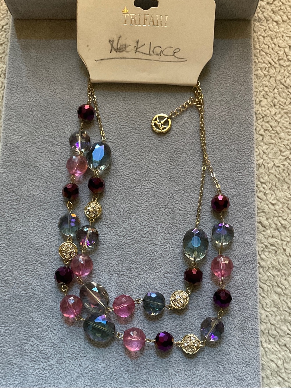 Trifari Pink, Purple & Blue Faceted Crystal Necklace with Gold Chain